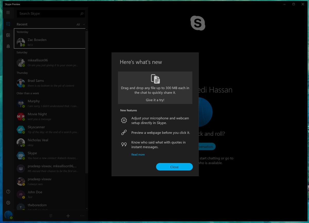 Skype Preview gets draganddrop support, webpage previews