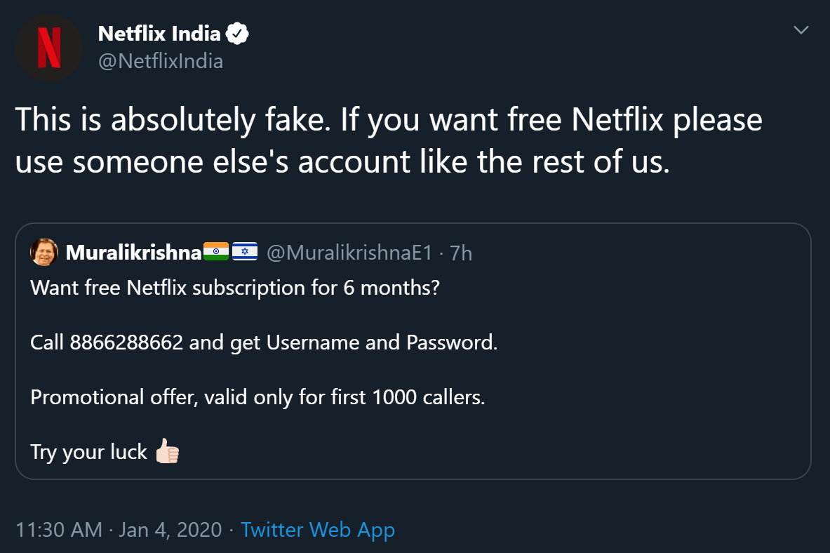 Netflix hilariously shuts down "Free Netflix" scam by suggesting