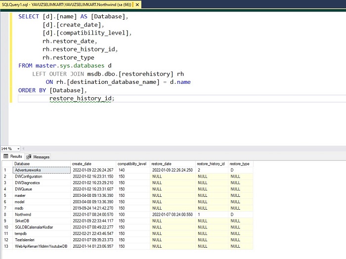 Finding the Last Restore Date of a Backup in SQL Server MSSQL Query
