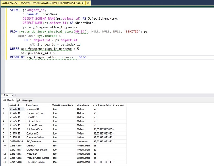 Finding Fragmentation Rates of Indexes in SQL Server MSSQL Query
