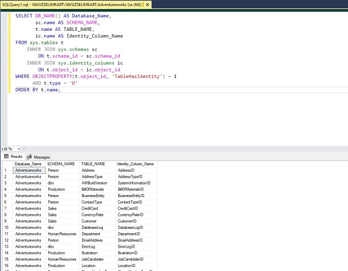 List IDENTITY Columns of All Tables in SQL Server MSSQL Query
