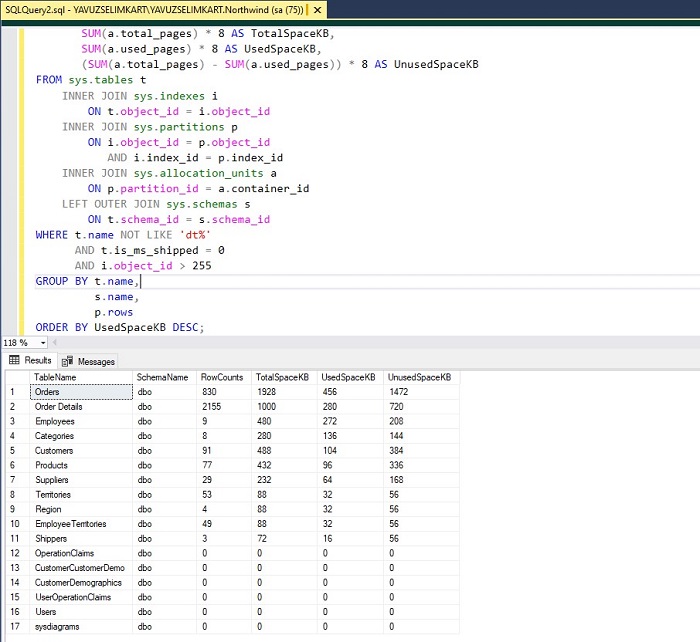 Listing Sizes of Tables in Database in SQL Server MSSQL Query
