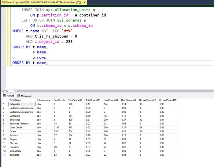 Seeing Table Sizes in SQL Server MSSQL Query