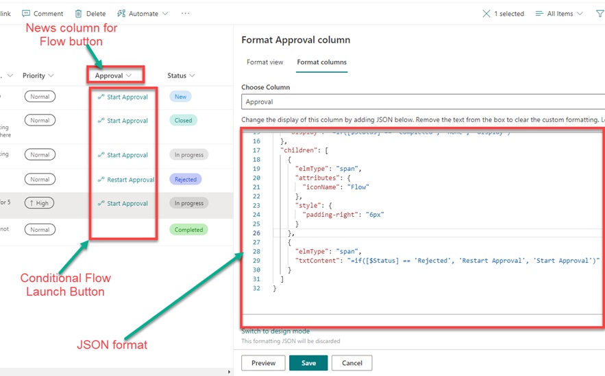Conditional Formatting on SharePoint list with Flow Button MS