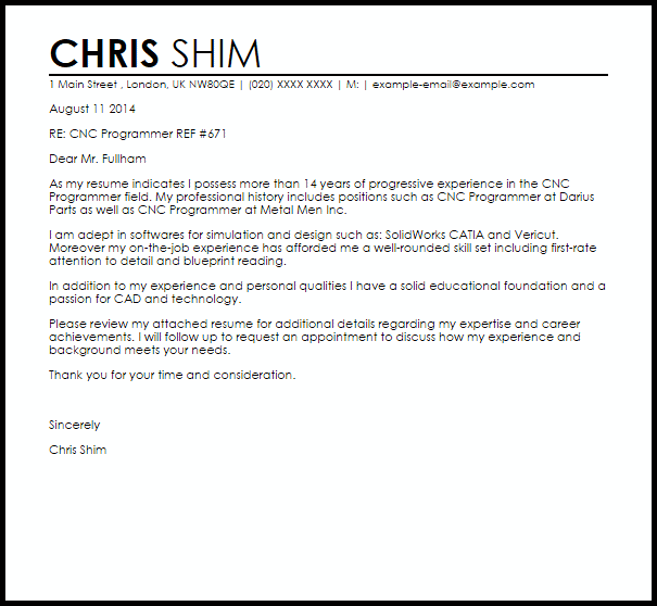 CNC Programmer Cover Letter Sample Mt Home Arts