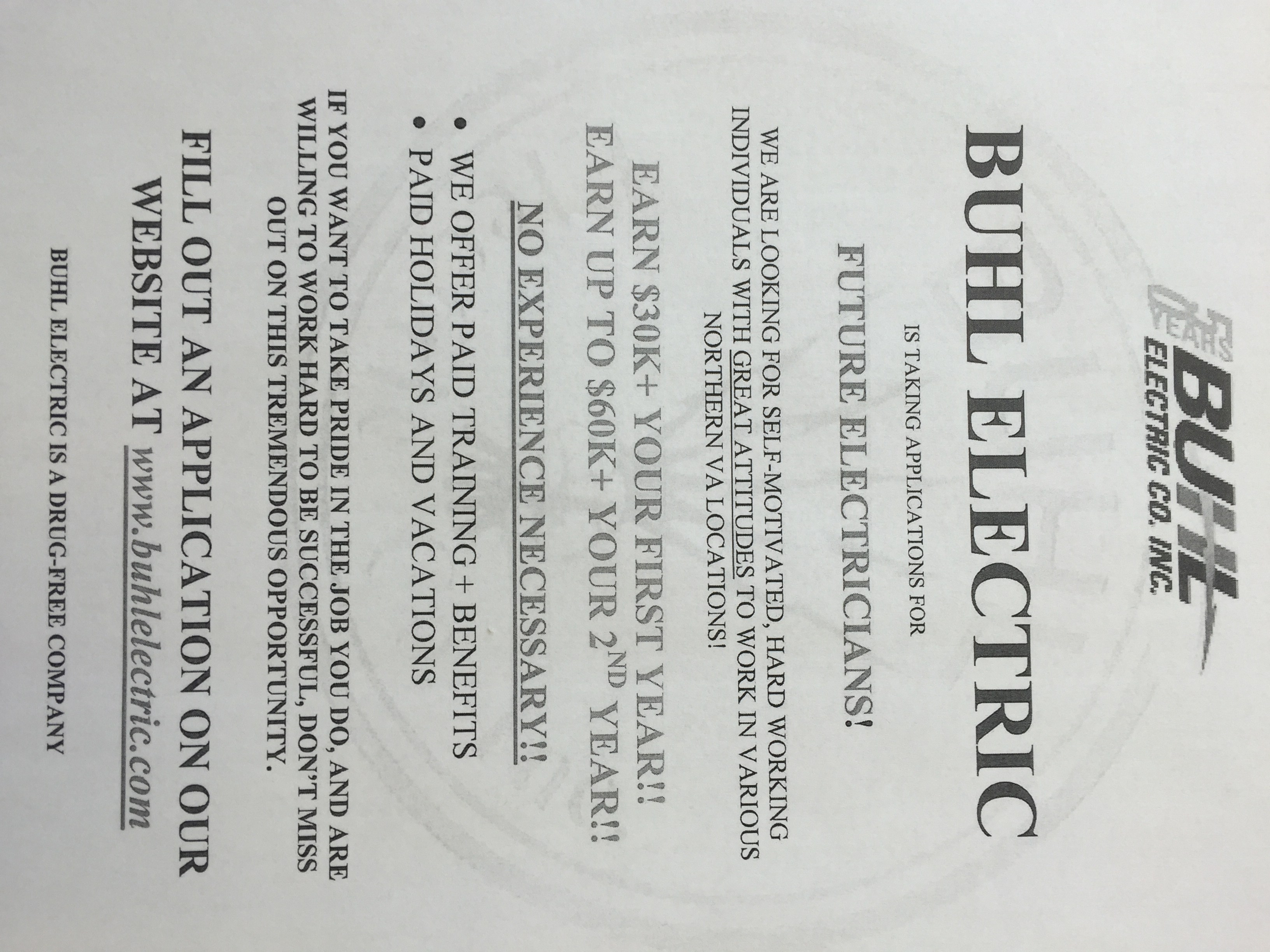Buhl Electric Hiring entry level electricians! Mountain View Mirror