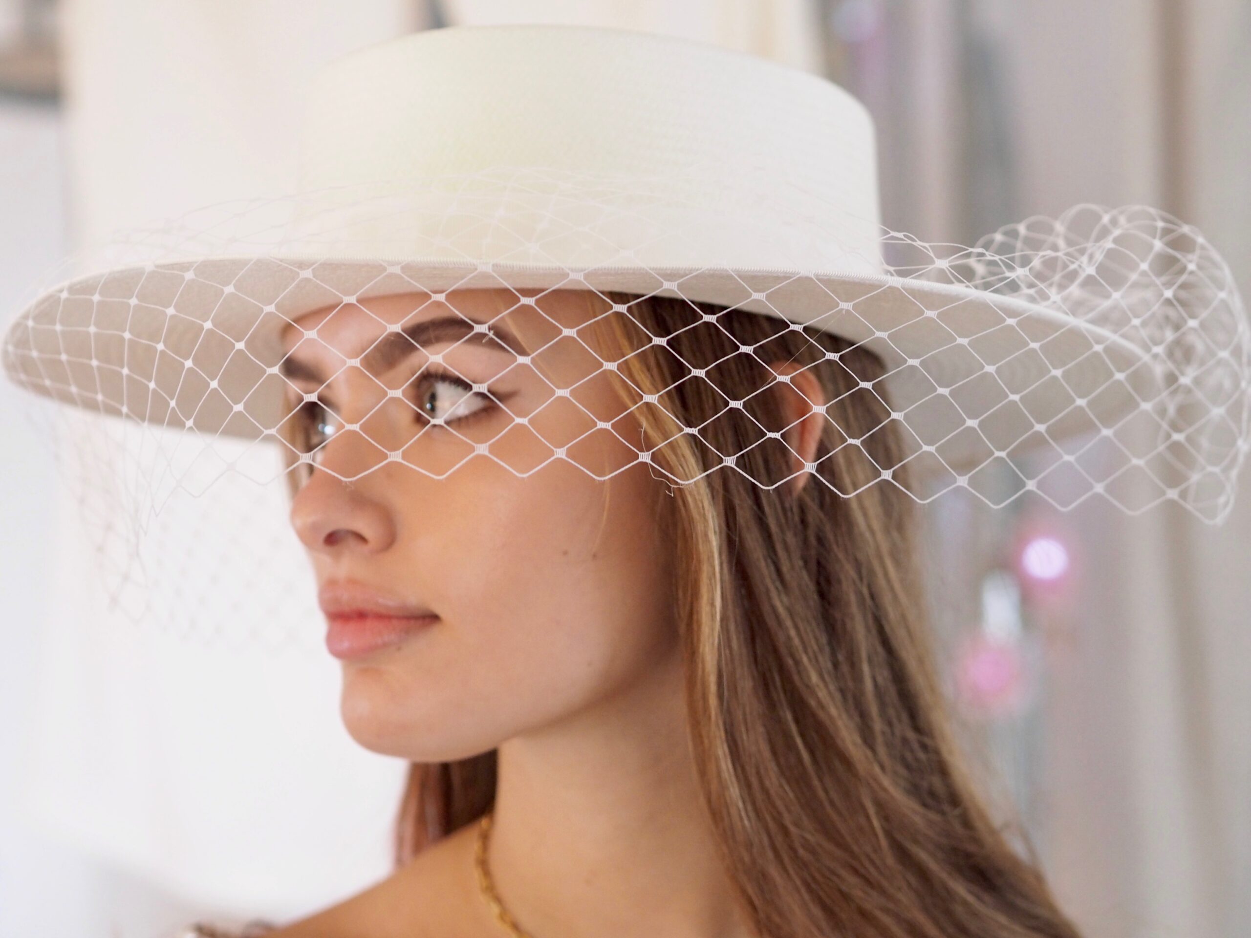 BRIDAL BOATER HAT VEILED MU DU London