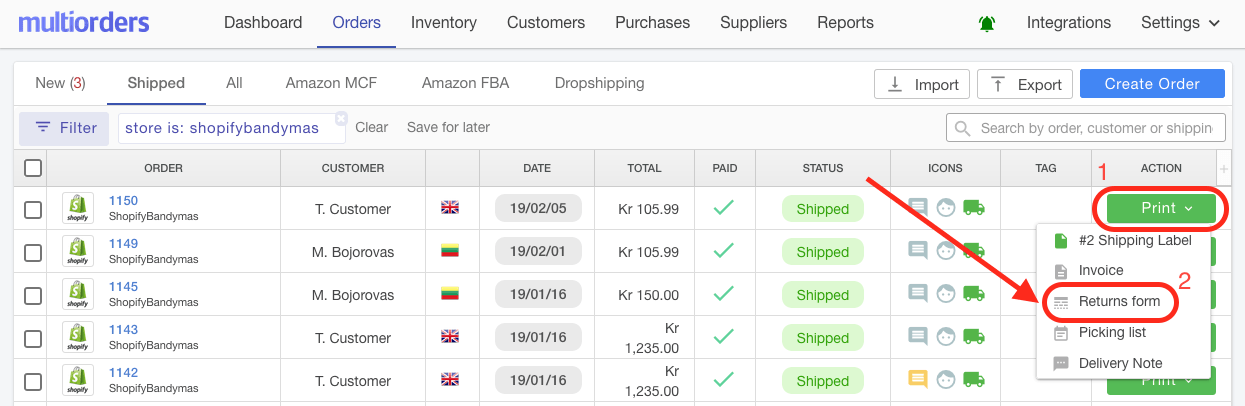 How to print Shopify Delivery Note (Packing Slip) / Picking List / Return Form? Multiorders
