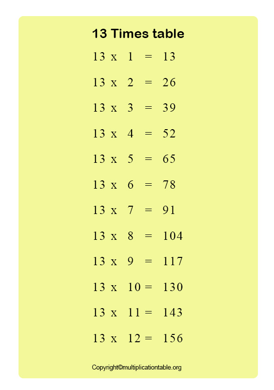Free Times Table 13 Printable Multiplication Table 13 Chart