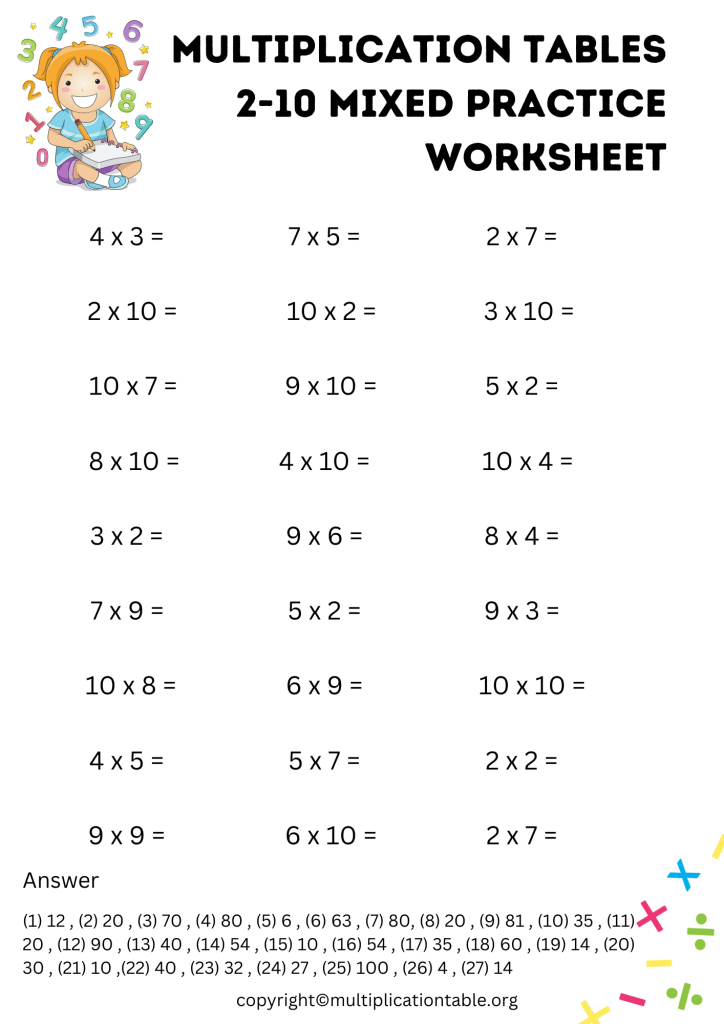 Multiplication Tables 210 Mixed Practice Worksheet [PDF]