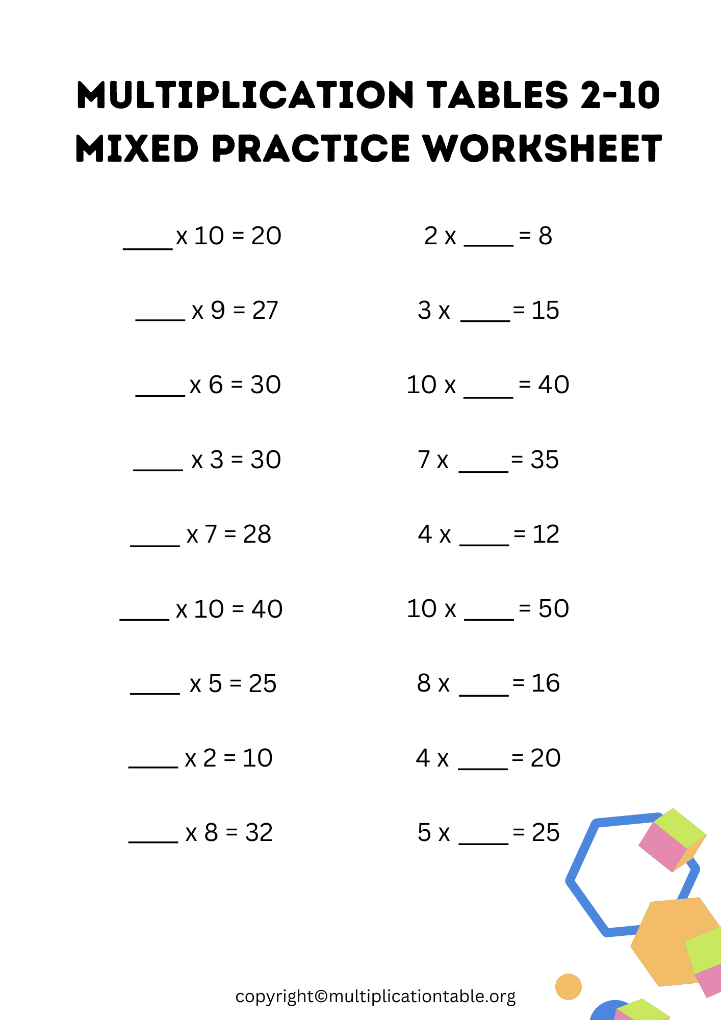 Multiplication Tables 210 Mixed Practice Worksheet [PDF]