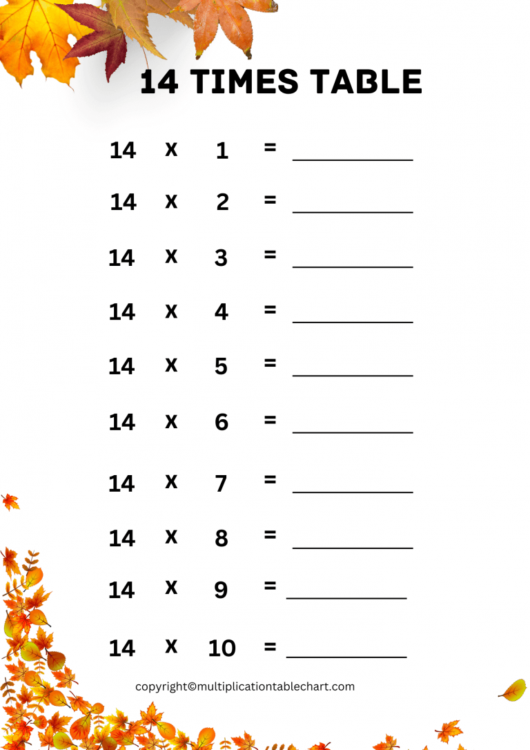 14 Times Table Worksheet PDF Multiplication Table