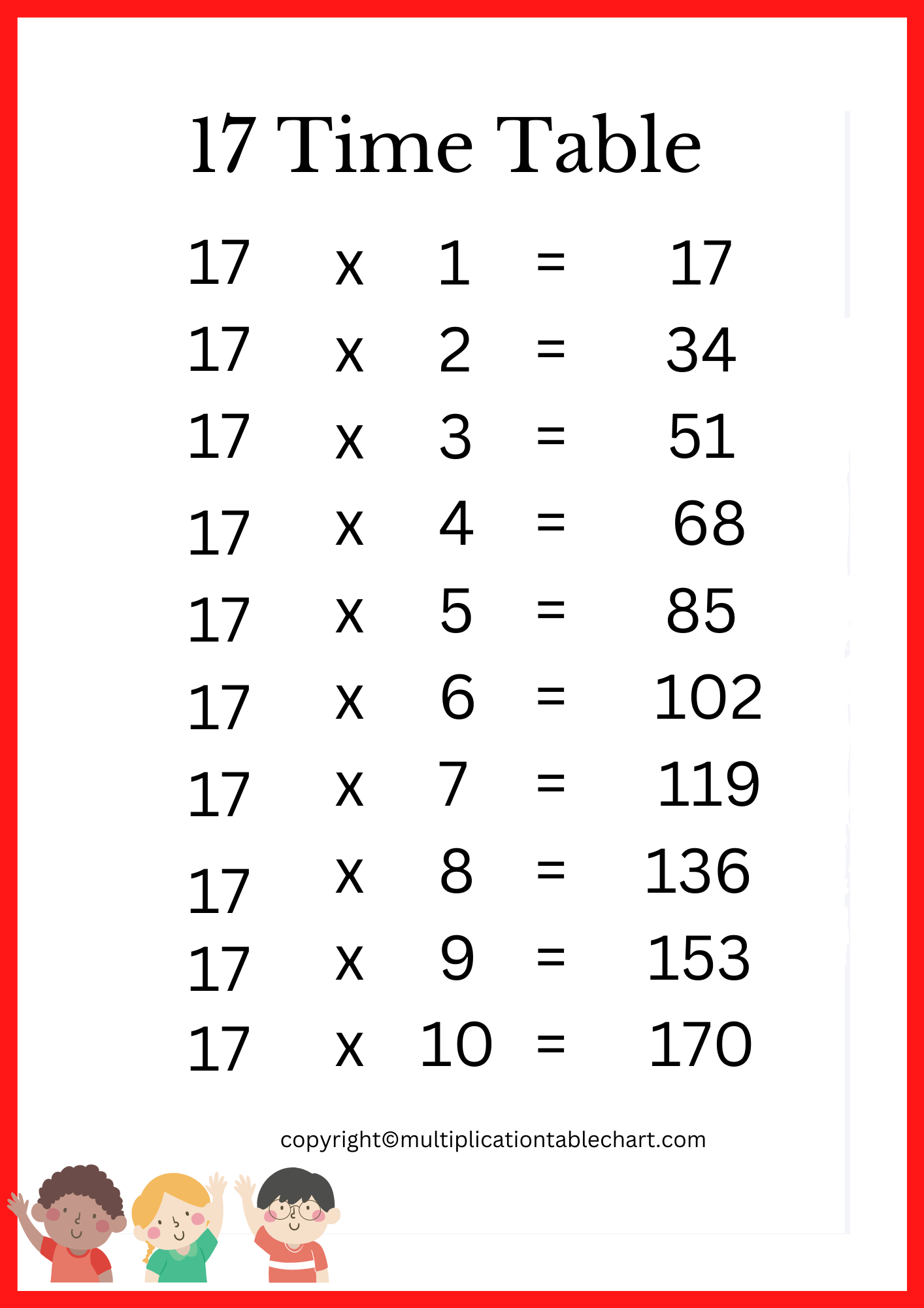 17 Times Table Multiplication Table