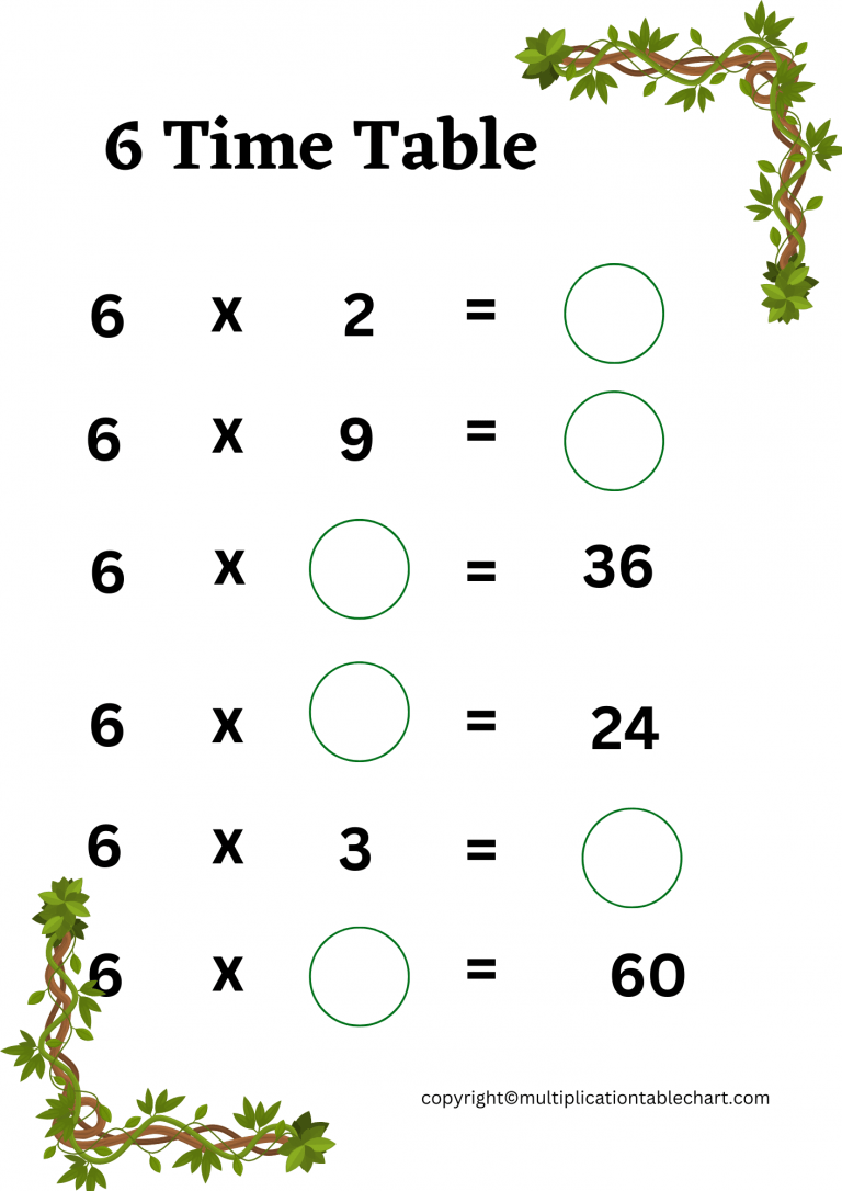 6 Times Table Worksheet [6 Multiplication Table] Free PDF