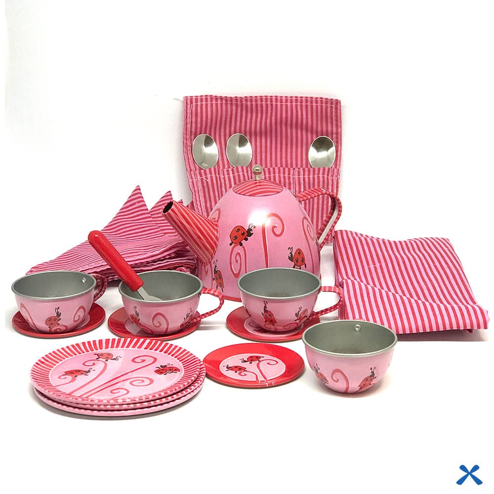 Tin Tea Set in Wicker Basket Ladybug Multi Toys