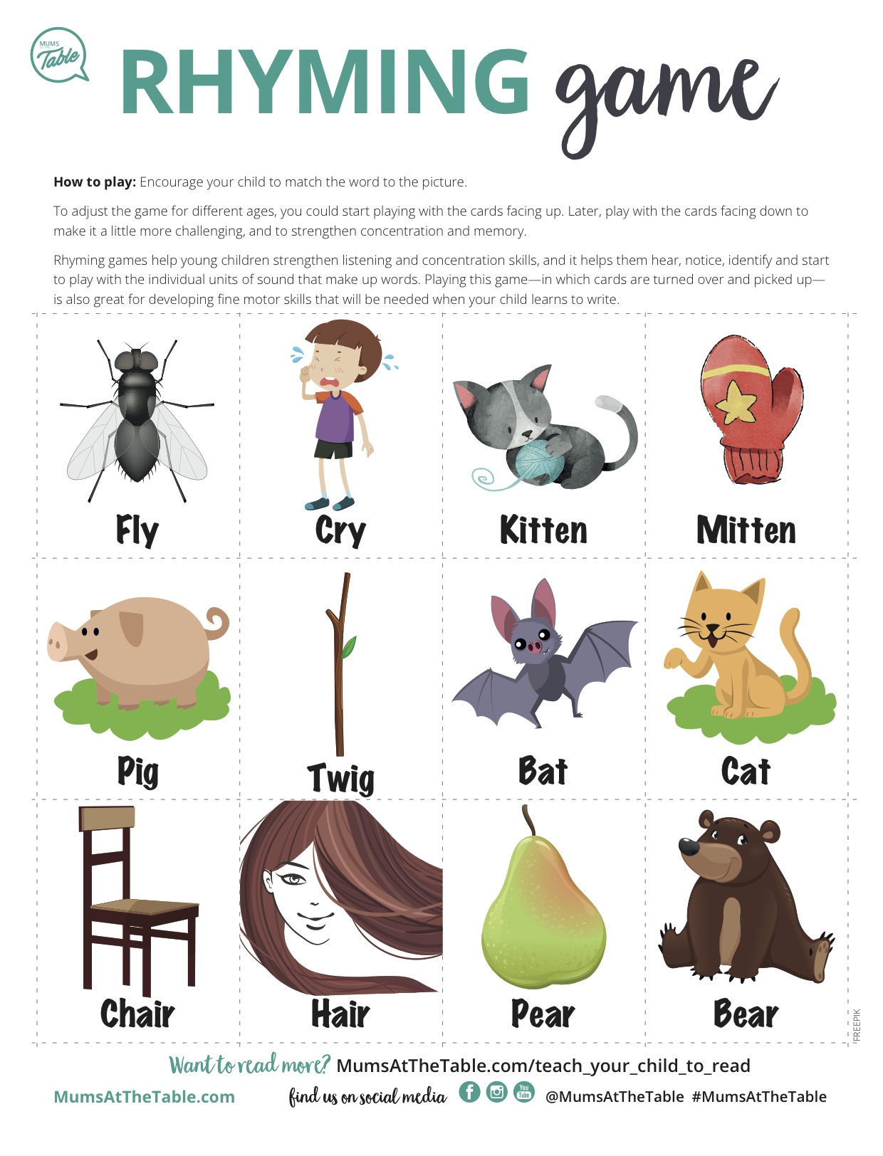 Free printable Rhyming game to teach literacy Mums At The Table