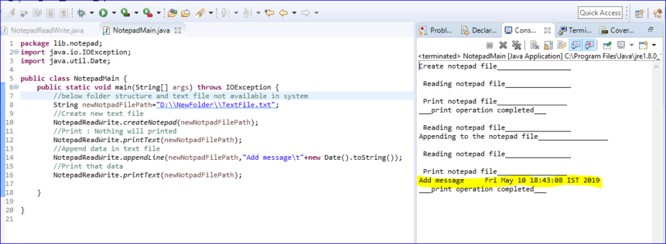 Code to create and update notepad / text file.
