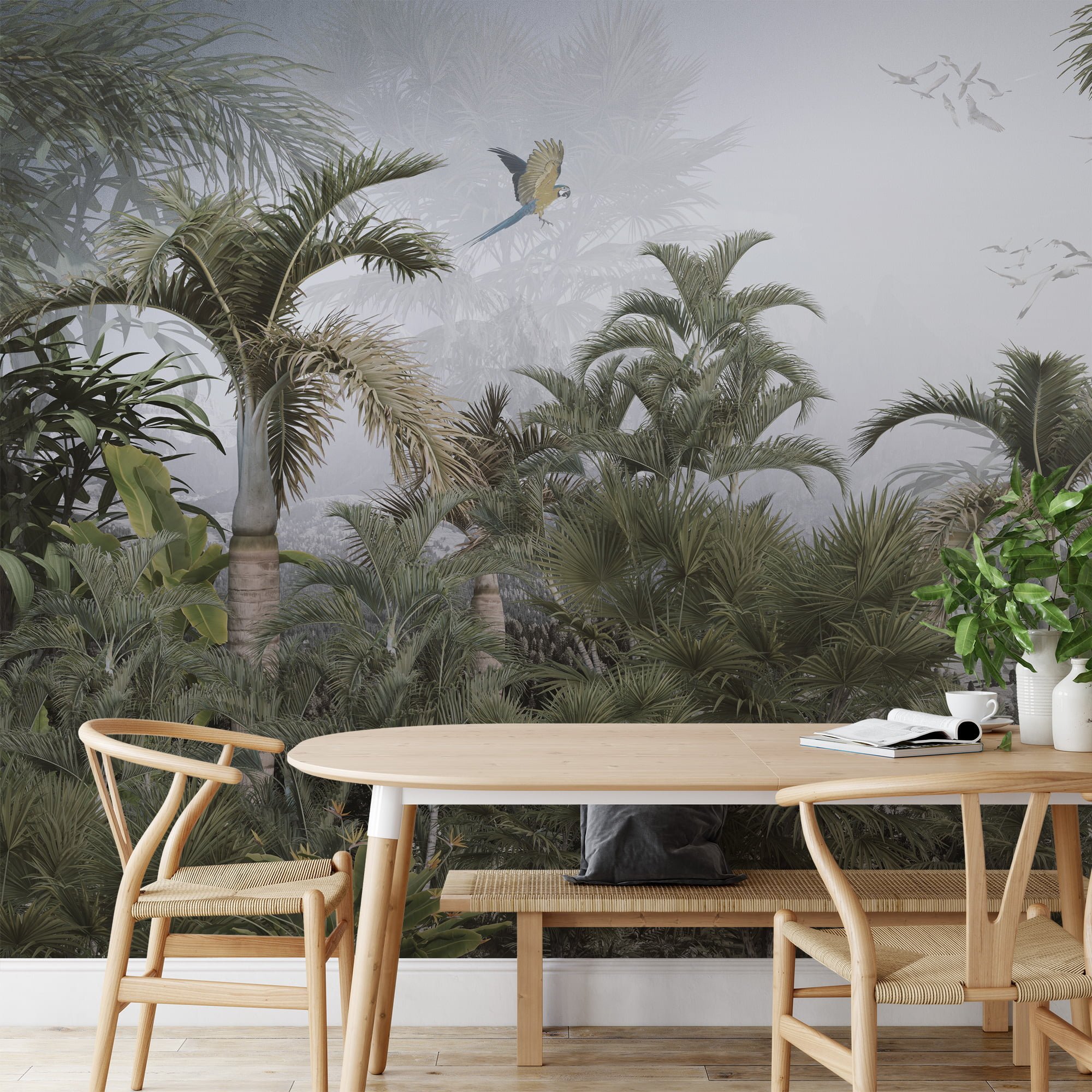 Lush Green Jungle Wallcovering with Colorful Parrots and Birds Peel