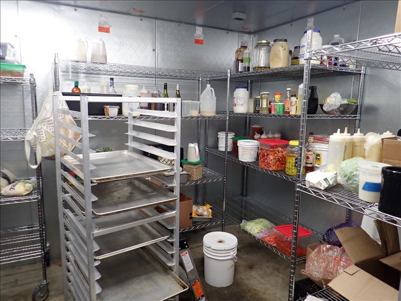 WIRE RACKS, SHEET PAN RACKS, KEG RACK, CONTAINERS & MISC. IN WALKIN