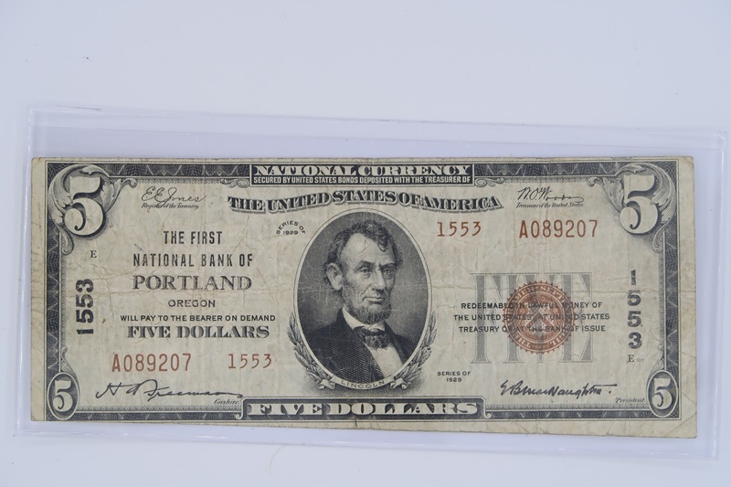 5 US 1ST NATIONAL BANK OF PORTLAND NATIONAL CURRENCY NOTE CONTENTS