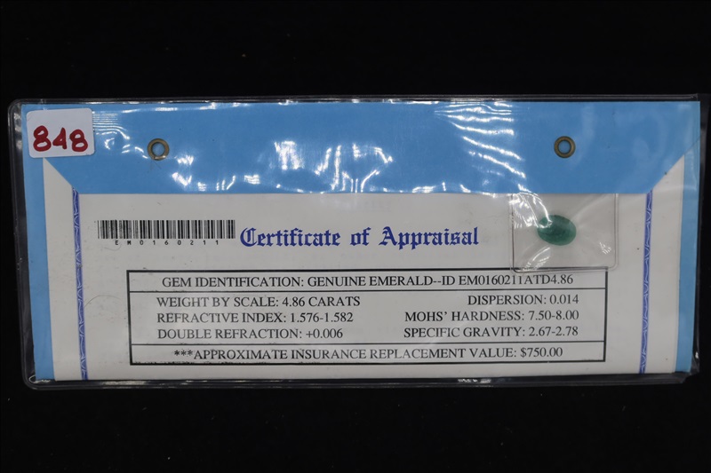 LOT, (1) EMERALD LOOSE STONE W/CERTIFICATE OF APPRAISAL CONTENTS OF