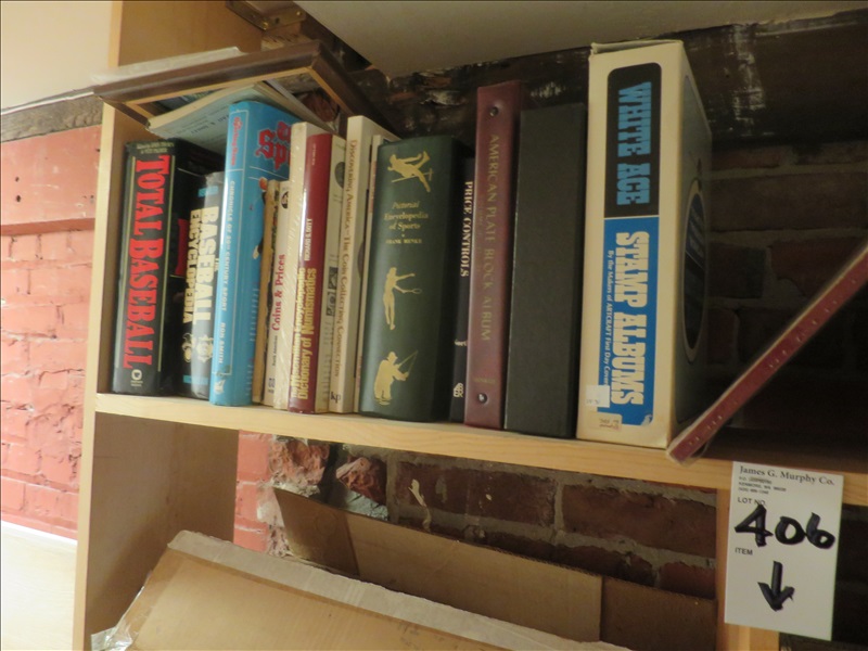 LOT, ASSORTED BOOKS & SUPPLIES ON THESE (5) SHELVES STAMP & COIN