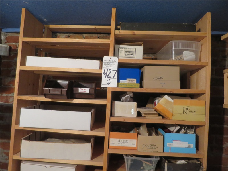 LOT, ASSORTED STAMPS & SUPPLIES IN THIS SHELVING UNIT & ABOVE BULK