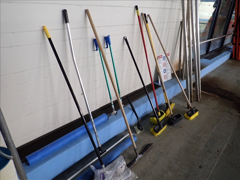 ASSORTMENT OF LONG HANDLE POOL BRUSHES, RESCUE HOOKS & NETS SHORELINE