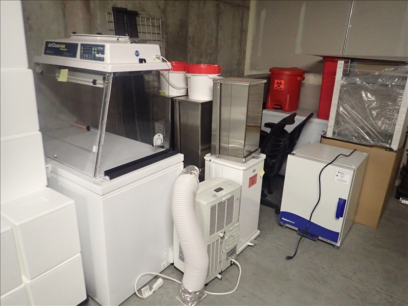 GROUP OF STORAGE UNIT TO INCLUDE CHEST FREEZERS, AIRCLEAN HOOD, S/S