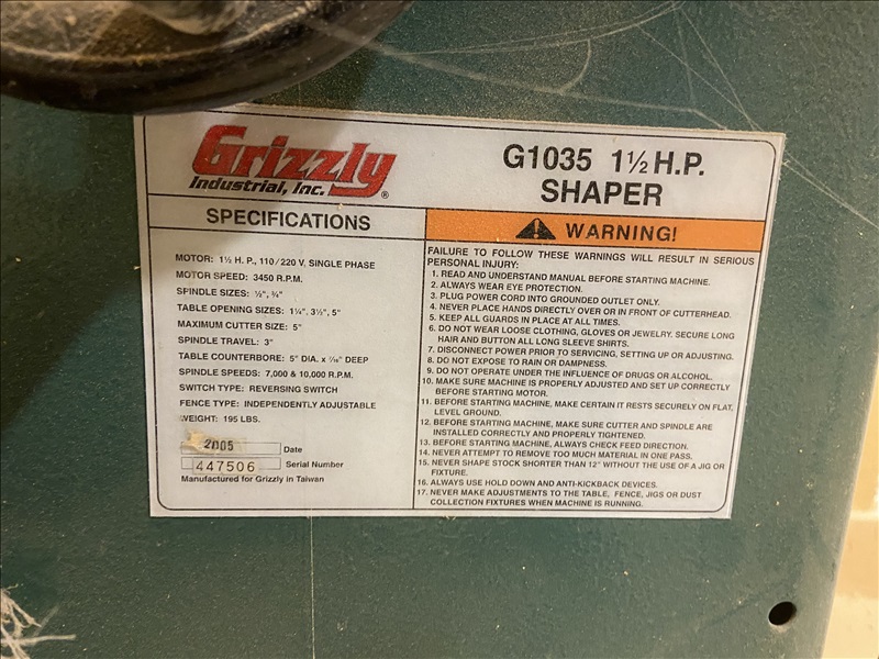 GRIZZLEY G1035 SUNDOWNER PRODUCTS INC. ONLINE AUCTION James G