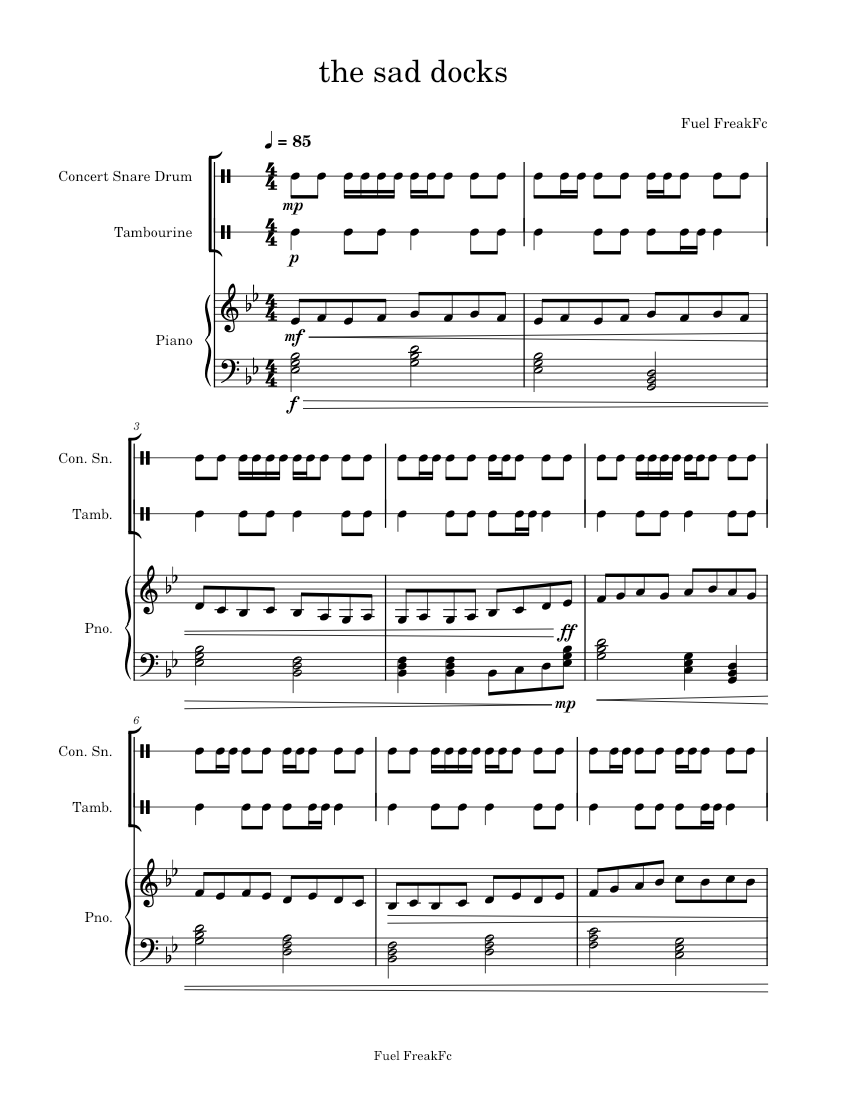 the sad docks Sheet music for Piano, Tambourine, Snare drum (Mixed
