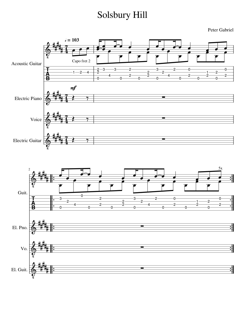 Peter Gabriel Solsbury Hill Sheet music for Piano, Vocals, Guitar