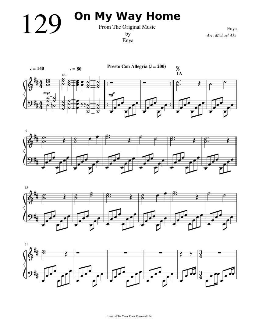 On My Way Home Enya Sheet music for Piano (Solo)