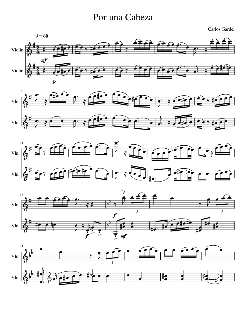 Por una Cabeza for two violins Sheet music for Violin (String Duet