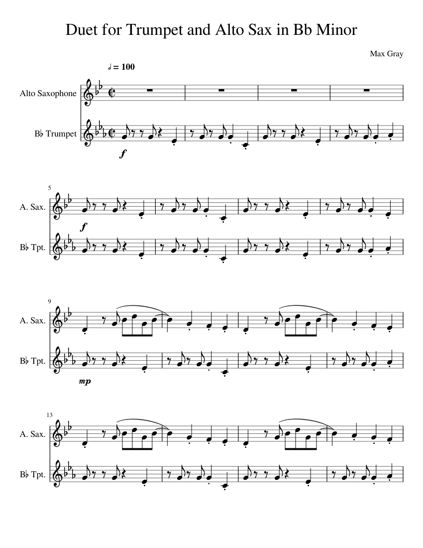 Duet for Trumpet and Alto Sax in Bb Minor Sheet music for Trumpet (In B