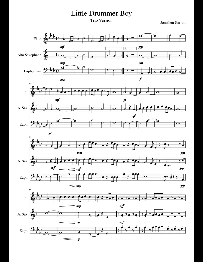 Little Drummer Boy Trio Sheet music for Flute, Alto Saxophone, Tuba