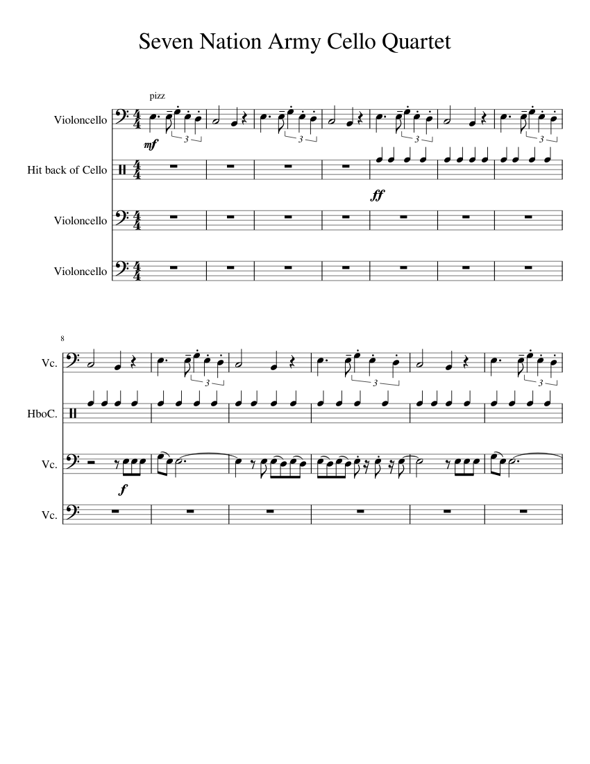 Seven Nation Army Cello Quartet sheet music for Cello, Percussion