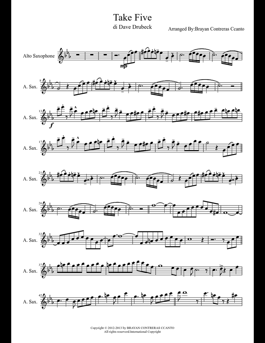 Take Five Sheet music for Alto Saxophone Download free in PDF or MIDI