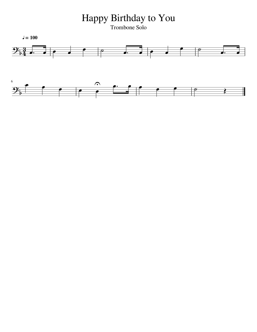 Happy Birthday to You Trombone Solo sheet music for Trombone download