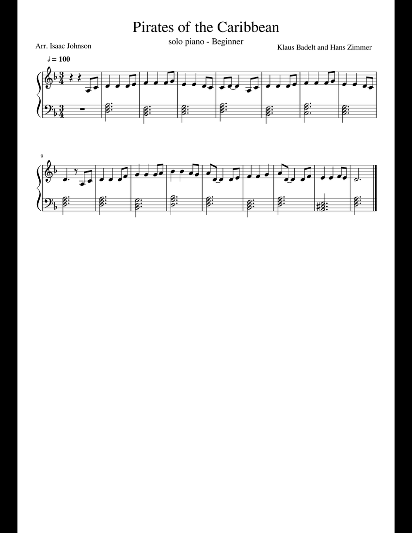 Pirates of the caribbean Begginer sheet music for Piano download free