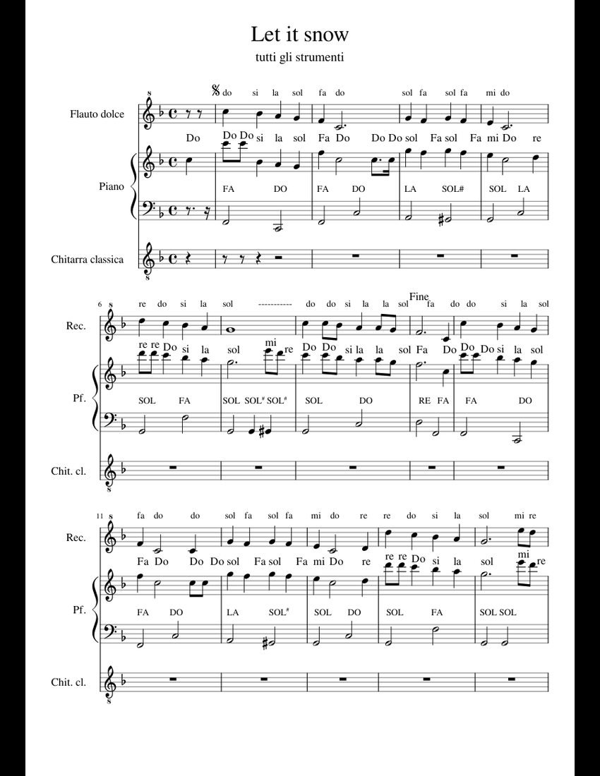 Let it snow sheet music for Piano, Recorder, Guitar download free in