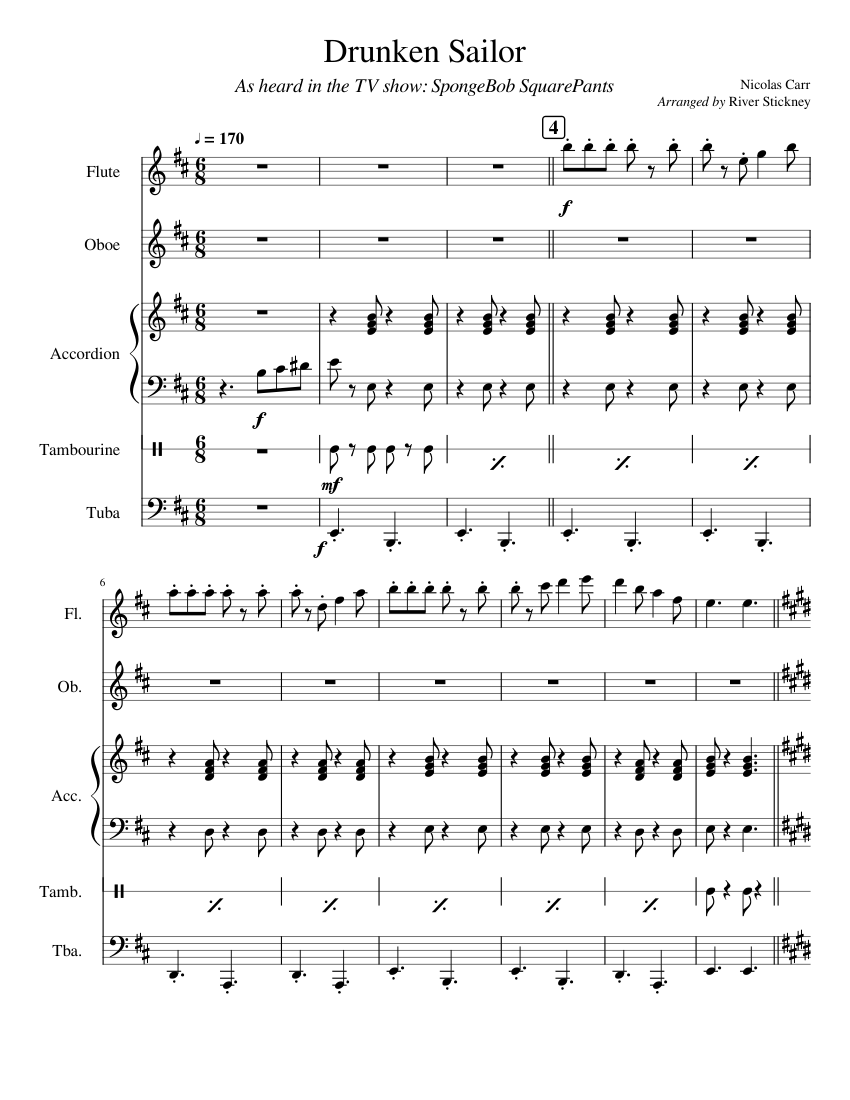 Drunken Sailor sheet music for Flute, Oboe, Accordion, Percussion