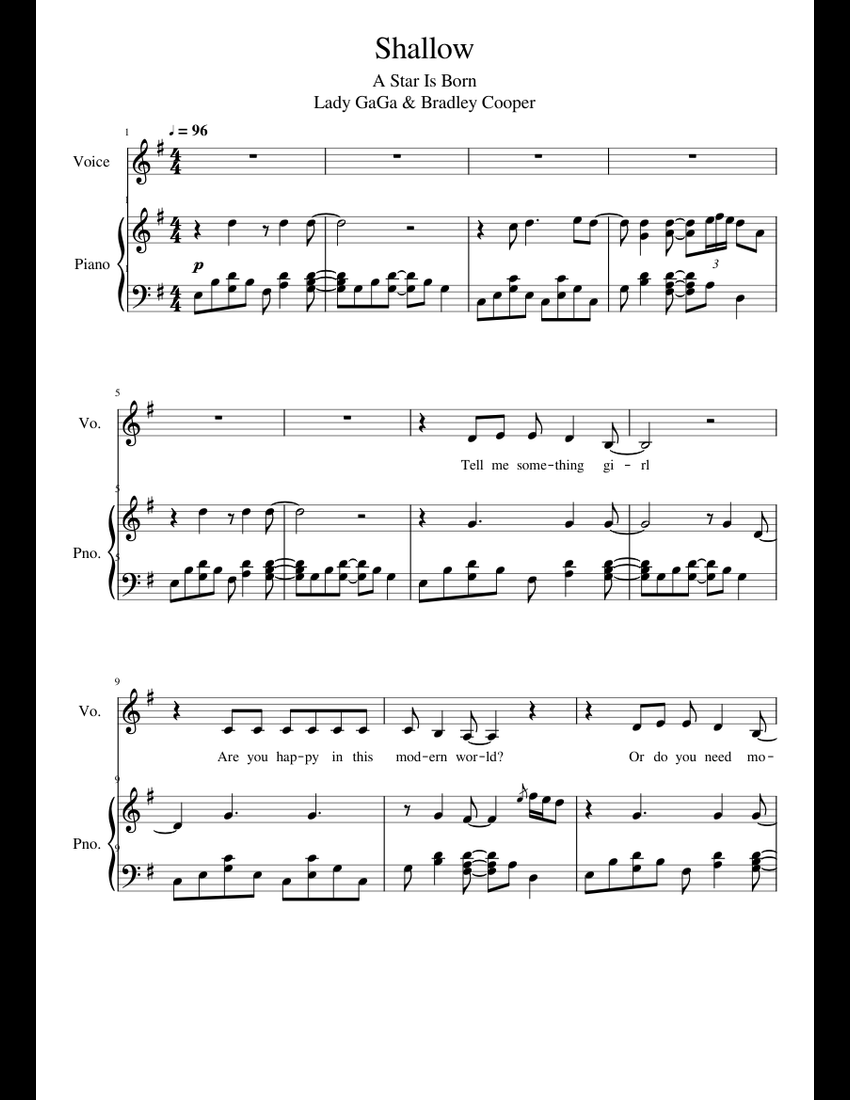 Shallow 2 voix piano sheet music for Piano, Voice download free in PDF