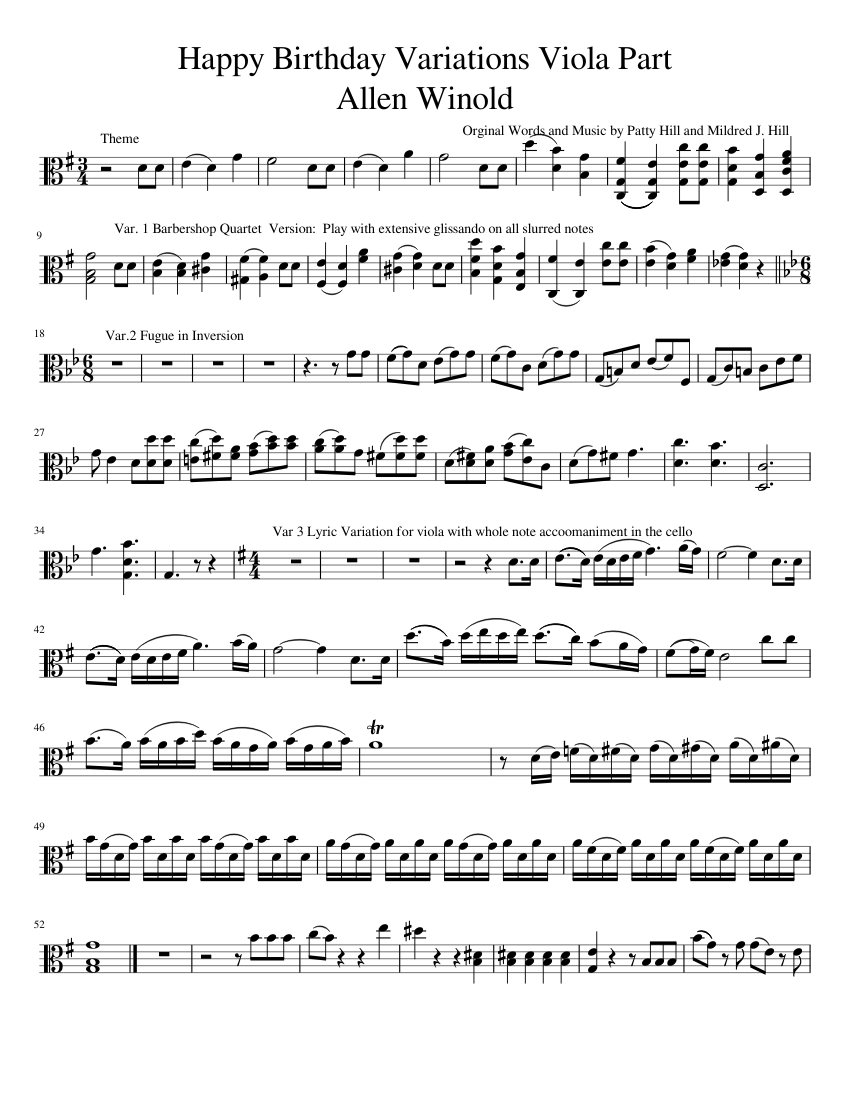 Happy Birthday Variations Viola Part sheet music for Viola download