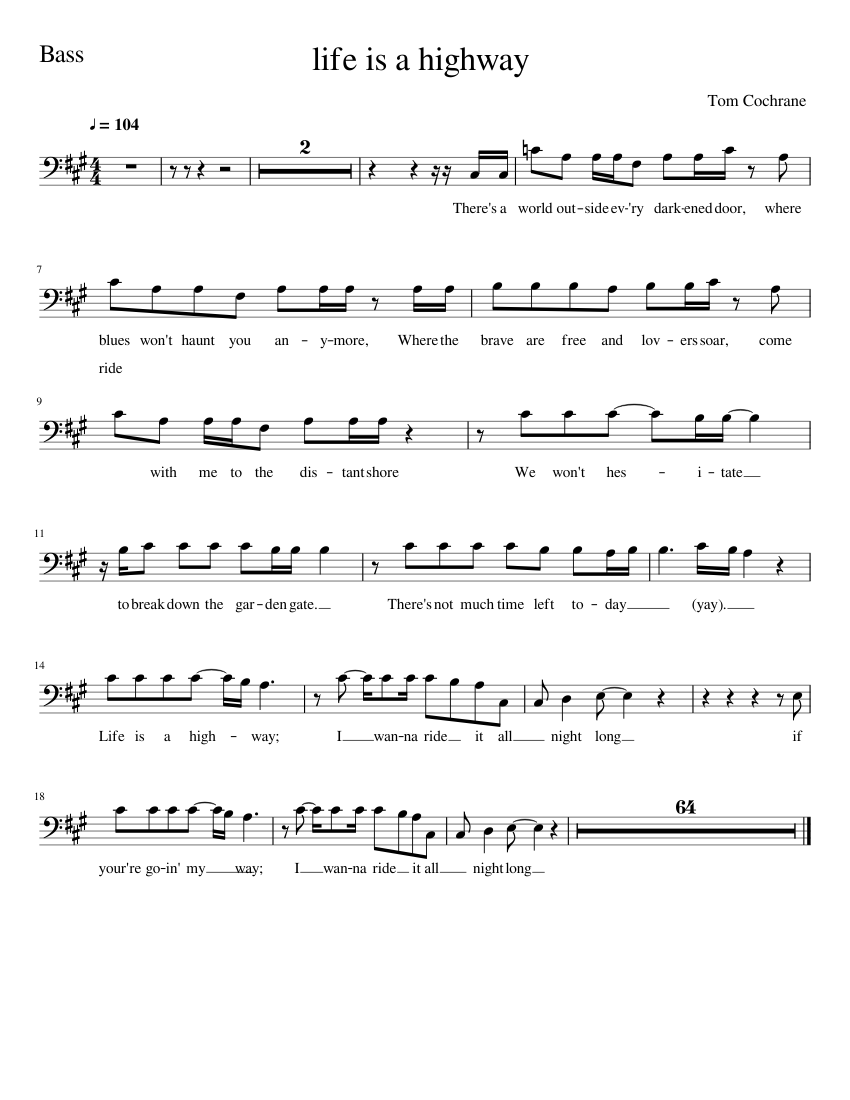 Life is a highway Bass sheet music for Voice download free in PDF or MIDI