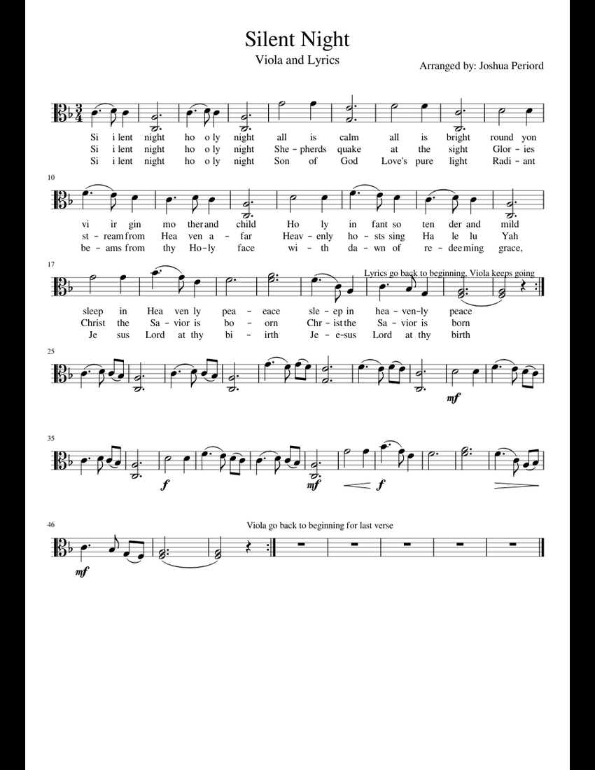 Silent Night Viola and Lyrics Sheet music for Viola Download free in