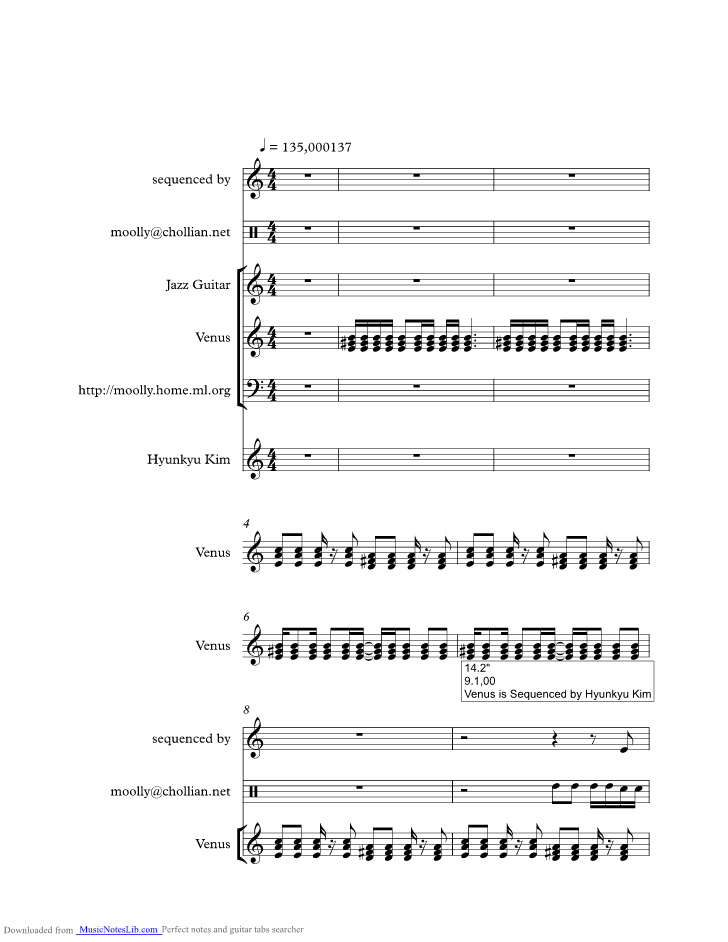 Venus music sheet and notes by Shocking Blue