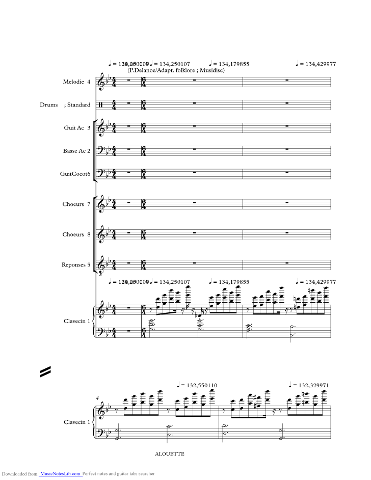 Alouette music sheet and notes by Dreux Gilles