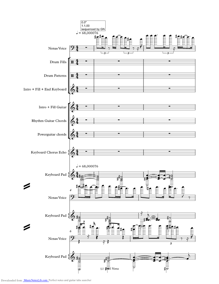 99 luft ballons music sheet and notes by Nena