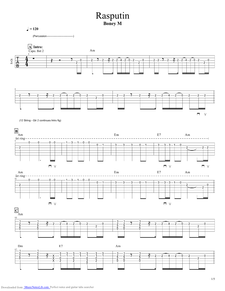 Rasputin guitar pro tab by Boney M